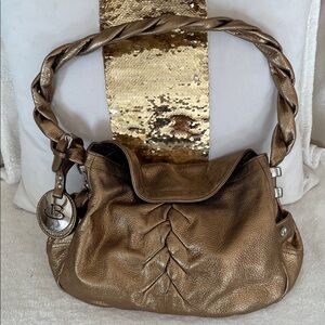 B.Makowsky Braided Handle Gold Leather Bag Small